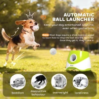 PawHut Automatic Dog Ball Launcher with 5 ETPU Tennis Balls 2.3", 3 Distance Settings 20ft, 33ft, 46ft, Green(m-4)