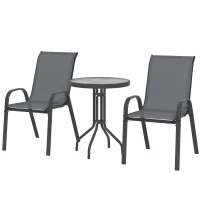 Outsunny 3 Pieces Bistro Set, Small Patio Furniture Set with Stackable Mesh Chairs, Glass Table for Garden, Balcony, Dark Grey(m-2)