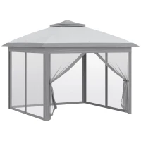Outsunny 11' x 11' Pop Up Gazebo, Double Roof Foldable Height Adjustable Canopy Tent with Mesh Sidewalls, Carrying Bag, Grey(m-2)