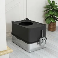 PawHut Extra Large Stainless Steel Litter Box, Enclosed Cat Litter Box with Scoop, Top Entrance, Non-slip Pads, Black(m-9)