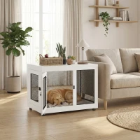 PawHut 37" Dog Crate Furniture with Cushion, Double Doors for Large Dogs, White(m-10)