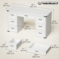 HOMCOM 55" Computer Desk with 7 Drawers, Farmhouse Executive Desk for Home Office, Study, Bedroom, White Wood Grain(m-3)