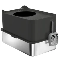 PawHut Extra Large Stainless Steel Litter Box, Enclosed Cat Litter Box with Scoop, Top Entrance, Non-slip Pads, Black(m-1)