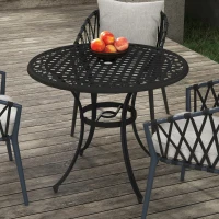 Outsunny 35.5" Round Outdoor Dining Table for 2-4, Cast Aluminum Garden Patio Table with 2" Umbrella Hole, Grid Top, Black(m-1)
