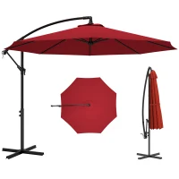 Outsunny 9.7ft Offset Patio UmbrellaCantilever Parasol with Crank Handle, 8 Ribs and Cross Base for Outdoor, Sun Shade, Wine Red(m-2)