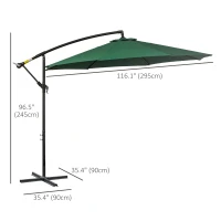 Outsunny 9.7ft Offset Patio UmbrellaCantilever Parasol with Crank Handle, 8 Ribs and Cross Base for Outdoor, Sun Shade, Green(m-3)