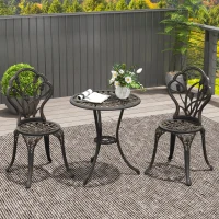 Outsunny 3PCs Patio Bistro Set, Outdoor Cast Aluminum Garden Table and Chairs with Umbrella Hole for Balcony, Bronze(m-1)