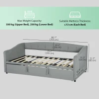 HOMCOM Upholstered Twin Size Trundle Bed, Velvet Twin to King Day Bed with Pop Up Trundle, Headboard and 2 Pockets, Light Grey(m-3)