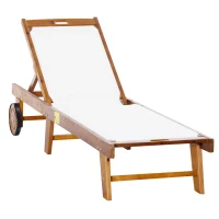 Outsunny Mesh Acacia Wood Adjustable Outdoor Sun Lounger with Wheels(m-1)