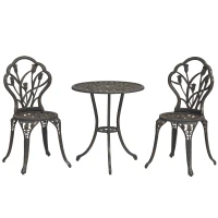 Outsunny 3PCs Patio Bistro Set, Outdoor Cast Aluminum Garden Table and Chairs with Umbrella Hole for Balcony, Bronze(m-2)