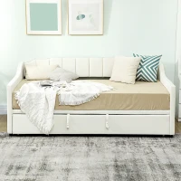 HOMCOM Upholstered Twin Trundle Bed, Extendable Twin to King Day Bed with Headboard and Armrests, Cream White(m-9)