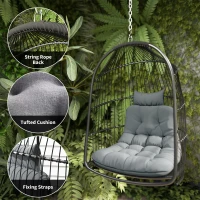 Outsunny Hanging Egg Chair, Foldable Rattan Garden Swing Chair with Installation Kit, Thickened Cushion and Headrest, Dark Grey(m-7)