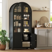 HOMCOM Arched Kitchen Pantry Cabinet, 71" Tall Farmhouse Kitchen Storage Cabinet with Acrylic Glass Doors, Black