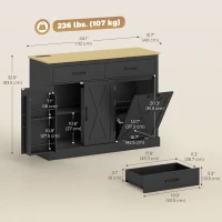 HOMCOM 7 Gallon Tilt Out Garbage Cabinet, Kitchen Island with Charging Station, 2 Drawers, 4 Door Racks, Black(m-3)