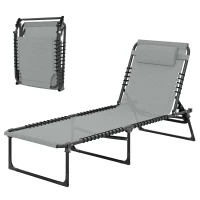Outsunny Folding Lounge Chair, Adjustable Chaise Lounge with Headrest, Reclining Lounger Cot for Camping, Hiking, Light Grey(m-2)