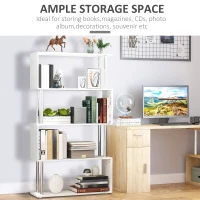 HOMCOM 5-Tiers Geometric Wooden Bookcase S-Shaped Storage Bookshelf Display with Metal Frame for Living Room, Bedroom, Home Office, White(m-4)