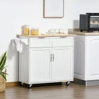 HOMCOM Rolling Kitchen Island with Storage Drawers, Kitchen Cart with Rubber Wood Top, Cabinet & Towel Rack, White(m-1)