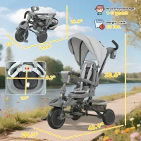Qaba 6 in 1 Kids Tricycle with Adjustable Push Handle, Removable Canopy, Reversible Seat, for 1-5 Years, Gray(m-3)