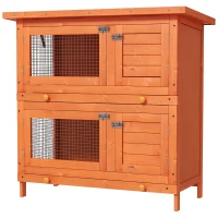 PawHut 2-Tier Wooden Rabbit Hutch Small Animal House Bunny Pet Cage with 2 Main Rooms, Sliding Tray, Opening Top, Yellow(m-11)