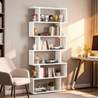 HOMCOM 76" 6-Tier Geometric Wooden Bookcase S Shaped Storage Display Bookshelf Modern shelf Open Concept Living Room Home Office Furniture, White(m-7)