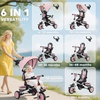 Qaba 6 in 1 Kids Tricycle with Adjustable Push Handle, Removable Canopy, Reversible Seat, for 1-5 Years, Pink(m-4)