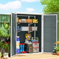 Outsunny Outdoor 4.4' x 2.3' Plastic Storage Shed with Lockable Doors and Foldable Shelves, Wood-Effect Garden Shed, Grey(m-1)