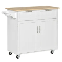 HOMCOM Rolling Kitchen Island with Storage Drawers, Kitchen Cart with Rubber Wood Top, Cabinet & Towel Rack, White(m-2)