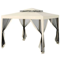 Outsunny 10' x 10' Canopy Tent, Party Tent with Mesh Netting and Double Tier Roof for Backyard, Garden, Patio, Outdoor, Beige(m-11)