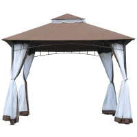 Outsunny 10' x 10' Double Tier Garden Gazebo Canopy Outdoor Sunshade Tent Anti-UV Roof with Metal Frame, Coffee(m-11)