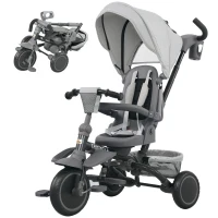 Qaba 6 in 1 Kids Tricycle with Adjustable Push Handle, Removable Canopy, Reversible Seat, for 1-5 Years, Gray(m-1)