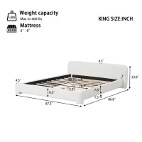 King-Size Boucle Upholstered Bed with 3 Support Legs, Minimalist Bed Frame with Birch Wood Construction, 87.5'' L x 87'' W x 24'' H, White(m-3)
