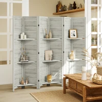 HOMCOM 6 Panel 67" Tall Wood Privacy Screen Room Divider with 3 Shelves and Folding Storage for Bedroom, White(m-2)