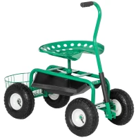 Outsunny Garden Scooter, Rolling Cart with Swivel and Adjustable Seat, Tool Tray, Bucket Basket, Green and Black(m-2)