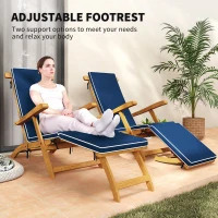 Outsunny Folding Patio Lounge Chair with Padded Cushion, Acacia Wood Patio Lounger Recliner with Footrest for Garden, Navy Blue(m-5)