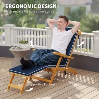 Outsunny Folding Patio Lounge Chair with Padded Cushion, Acacia Wood Patio Lounger Recliner with Footrest for Garden, Navy Blue(m-4)