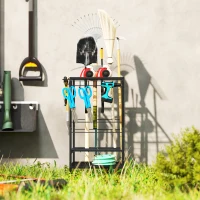 Outsunny 3-Tier Yard Tool Tower Rack, Garden Tool Organizer with 14 Hooks for Long-Handled Rakes, Shovel, Broom, Black(m-10)