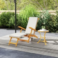 Outsunny Folding Patio Lounge Chair with Padded Cushion, Acacia Wood Patio Lounger Recliner with Footrest for Garden, White(m-8)