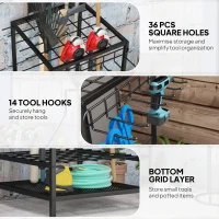 Outsunny 3-Tier Yard Tool Tower Rack, Garden Tool Organizer with 14 Hooks for Long-Handled Rakes, Shovel, Broom, Black(m-4)