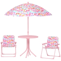 Qaba Kids Picnic Table and Chair Set, Outdoor Table with Foldable Chairs, Removable Umbrella, Pink