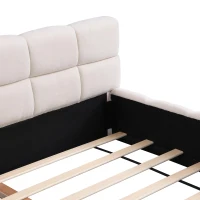 Queen-Size Chenille Upholstered Bed with Checkerboard Headboard, Durable Bed Frame for Homes and Families, 88'' L x 67.5'' W x 24'' H, Beige(m-7)