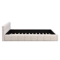 Queen-Size Chenille Upholstered Bed with Checkerboard Headboard, Durable Bed Frame for Homes and Families, 88'' L x 67.5'' W x 24'' H, Beige(m-9)