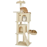 PawHut 63 Inch Cat Tree with Sisal Scratching Posts, Condos, Plush Perches, Hammock, Ladder, Dangling Balls, Beige(m-11)