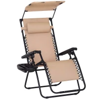 Outsunny Outdoor Zero Gravity Reclining Lounger Chair with Canopy Shade, Side Tray, Cupholder, Beige(m-11)