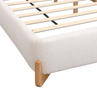 Queen-Size Boucle Upholstered Bed with 12 Wooden Slats & 3 Support Legs, Durable Bed Frame with Solid Feet, 88'' L x 69'' W x 38'' H, White(m-7)