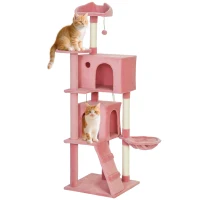 PawHut 63 Inch Cat Tree with Sisal Scratching Posts, Condos, Plush Perches, Hammock, Ladder, Dangling Balls, Pink(m-11)