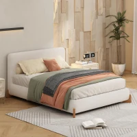 Queen-Size Boucle Upholstered Bed with 12 Wooden Slats & 3 Support Legs, Durable Bed Frame with Solid Feet, 88'' L x 69'' W x 38'' H, White(m-5)