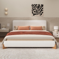 Boucle Upholstered King Bed with 12 Wooden Slats and Solid Feet, Comfortable Bed Frame for Superior Support, 88'' L x 85'' W x 38'' H, White
