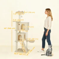 PawHut 63 Inch Cat Tree with Sisal Scratching Posts, Condos, Plush Perches, Hammock, Ladder, Dangling Balls, Beige(m-3)