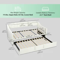 HOMCOM Upholstered Twin Trundle Bed, Extendable Twin to King Day Bed with Headboard and Armrests, Cream White(m-3)