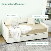 HOMCOM Upholstered Twin Trundle Bed, Extendable Twin to King Day Bed with Headboard and Armrests, Cream White(m-6)